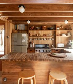 two stools are in front of the kitchen counter