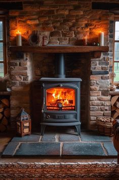 a wood burning stove sitting inside of a living room