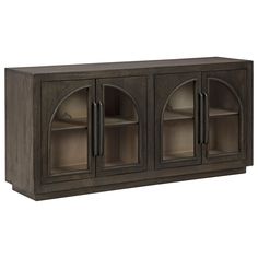 a wooden cabinet with glass doors and shelves on the front, in dark brown wood