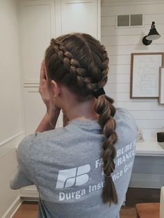 two dutch braids going into a dragon braid #sportshairstyle #dragonbraid #dutchbraids Football Hairstyles, Hair Layered, Gymnastics Hair