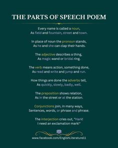 the parts of speech poem on a green background with black and white text, including words in