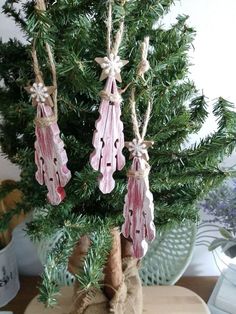 some ornaments are hanging from the branches of a christmas tree in front of a potted plant