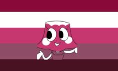 a pink and white striped background with a cartoon character