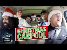 a group of people sitting in the back of a car with christmas carol written on it