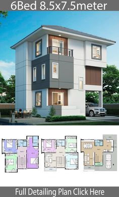 two story house plan with floor plans and measurements for each room in the same building