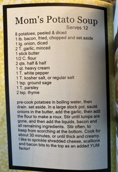 a recipe for mom's potato soup is shown in the book, with instructions on how to make it