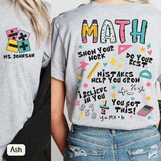 two women wearing matching t - shirts that say math and show your work