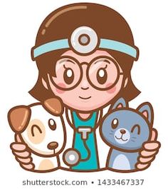 a cartoon girl with glasses holding two cats and a cat on her lap, looking at the camera