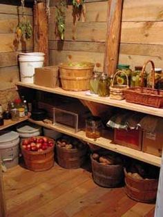 the shelves are filled with many different types of food and drink in baskets on them