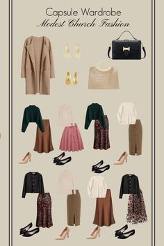 capsule wardobe, modest fashion, church clothes, neutral style, mix and match, dress clothes. skirts, buildable wardobe Modest Fashion Capsule Wardrobe, Modest Capsule Wardrobe, Clothes Skirts, Christian Church Outfit, Church Clothes, Women's Fashion Set, Hacks Clothes, Neutral Style, Church Dresses