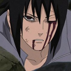 an anime character with black hair and blood on his face is staring at the camera