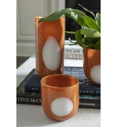 two orange vases sitting on top of a table next to a book and potted plant