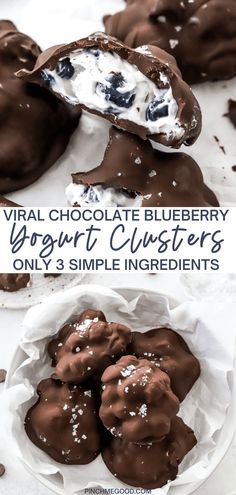 chocolate covered blueberry yogurt clusters on a white plate with text overlay that reads virtual chocolate blueberry yogurt clusters only 3 simple ingredients