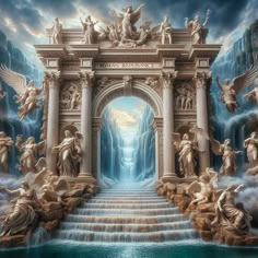 an artistic painting with many statues on the steps leading up to a waterfall and water fall