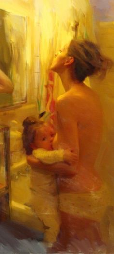 a painting of a woman brushing her teeth in front of a mirror with a child