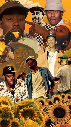 the collage shows several different people and sunflowers in front of an orange background