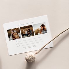 an envelope with three photos on it next to a flower and a string that is attached to the envelope