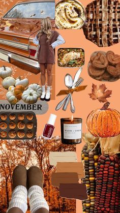 a collage of autumn items including pumpkins, cookies and other things