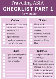 the travel checklist for women is shown in purple and white, with text that reads traveling