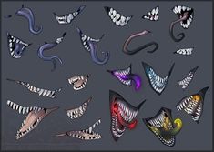 several different types of teeth and fangs on a gray background, including one with an open mouth