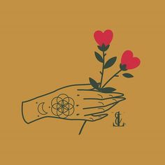 a drawing of a hand holding flowers with the word love written on it and two hearts in the middle