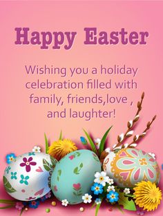 an easter card with three eggs and flowers on the bottom, in front of a pink background