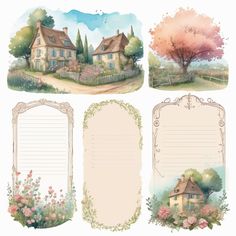 four cards with houses, trees and flowers in the middle one has a blank paper for writing