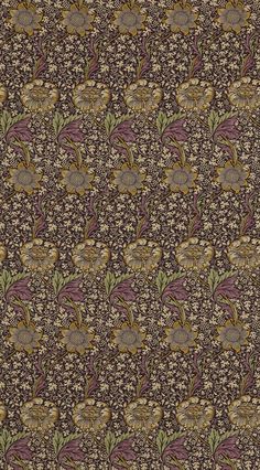 an intricately designed wallpaper with flowers and leaves in brown, pink, yellow and green colors