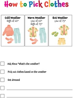 a printable worksheet for kids to learn how to pick clothes and wear them