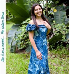 A subtle Hawaiian design of floral outlines on a royal blue background, allowing the dress style to shine all on its own. Square neckline pays tribute to the Hawaiian culture of wearing Hawaiian floral leis to special events such as birthdays, graduations or weddings.-Square neckline with pinched ruffles. -Elastic ruffled cap sleeves -Flattering front & back darts-Center back zip -Cotton Poplin -Made in Hawaii, USA -Size S - XL Blue Fitted Hawaiian Dress, Blue Hawaiian Maxi Dress With Floral Print, Floral Outlines, Hawaiian Wedding Dress, Hawaiian Muumuu, Polynesian Dress, Hawaiian Print Dress, Hawaiian Design, Aloha Dress