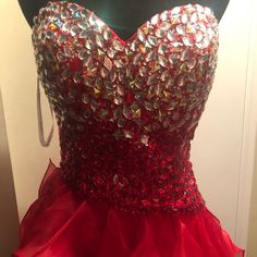 Beautiful Red Prom Dress With Sweetheart Top And High Low Bottom (High In Front And Low In Back) Red And Silver Rhinestones Cover The Top Of This Strapless Dress! Zip Up Back. Only Worn Once And Well Stored! Size 8 Dress - Measurements Of Teen When Worn To Prom (30-26-36) Sweetheart Top, Dresses Beautiful, Gambling Tattoo, Red And Silver, Red Prom, Dress Measurements, Red Prom Dress, Size 8 Dress, Ladies Party