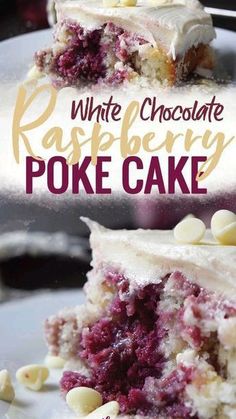 a white chocolate raspberry poke cake on a plate