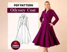 Fall Winter Jacket, Full Length Coat, Choosing Fabric, Duchess Satin, Coat Patterns, Pdf Sewing Patterns, Full Skirt, A Line Skirts, Sewing Pattern