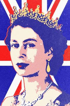 an image of queen elizabeth in front of the british flag with gold crown on her head