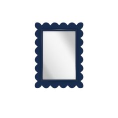 a square mirror with scalloped edges and a blue frame on a white background