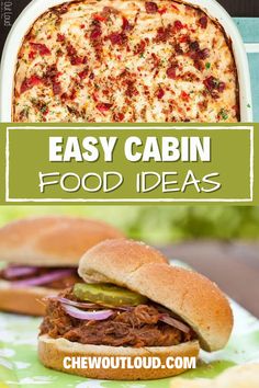 the cover of easy cabin food ideas is shown with an image of two sandwiches and a pizza