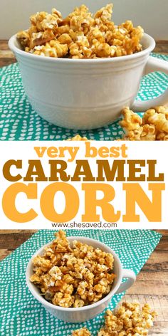 very best caramel corn in a white bowl on a blue and green placemat