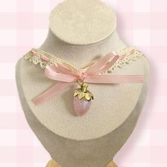 This cute choker is great for romantic outfits, the strawberry will be a wonderful accent in your look. Handmade lace ribbon choker with strawberry pedant and pink bow. Cute Pink Handmade Choker, Cute Handmade Pink Choker, Retro Cake, Fairy Vintage, Bow Choker, Choker Handmade, Ribbon Choker, Cottage Fairy, Oc Inspo