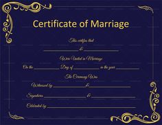 a certificate for marriage is shown in gold and blue with swirls on the edges