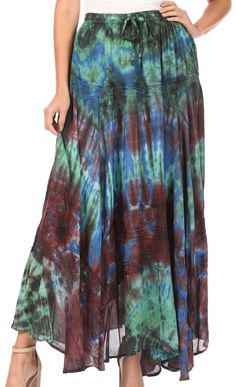 One size regular: Waist 25"min - 40"max (63-102 cm), Length 38" (76cm).US 0-18W, EU 30-48, UK 6-22. Shell: Light material with tie-dye. Made with pre-shrunk rayon. Care: Hand wash cold, hang dry. Made in India. Absolutely gorgeous full circle skirt, perfect for casual wear, dancing, events and traveling. Made with medium weight material, this skirt feels substantial. Featuring an elastic waist and cascading panels with crochet lace ribbon and metallic embroidery. Flowy and very comfortable to we Crochet Lace Ribbon, Shell Light, Tie Dye Maxi Skirt, Metallic Embroidery, Fantasy Wardrobe, Solid Tank Tops, Full Circle Skirt, Full Circle Skirts, Fashion Inspiration Design