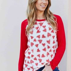 Simple, Yet Stylish, This Raglan Sleeve Top Will Be Your Go-To Top For Every Casual Occasion. The Style Features A Round Neck And Long Sleeves That Can Be Worn Alone Or Layered With Your Favorite Cardigan. Color: Ivory/Red Pattern Type: Heart Style: Girl Next Door Features: Basic Style Neckline: Round Neck Length: Regular Sleeve Length: Long Sleeves Sleeve Type: Baseball Sleeves Material: 95% Polyester, 5% Spandex Stretch: Highly Stretchy Sheer: No Body: Not Lined Care Instructions: Machine Wash Red Tops With Heart Graphic For Spring, Red Heart Graphic Top For Spring, Red Heart Print Casual Top, Casual Red Heart Print Top, Casual Red Top With Heart Print, Casual Red Tops For Valentine's Day, Trendy Red Top With Heart Print, Cute Red Heart-shaped Top, Red Heart Print Tops For Fall