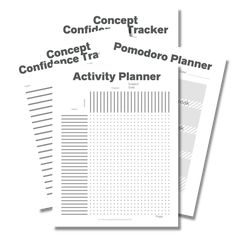 three pieces of paper with the words concept and activity planner written in black on them