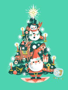 a christmas tree with santa claus and other holiday decorations on it's green background