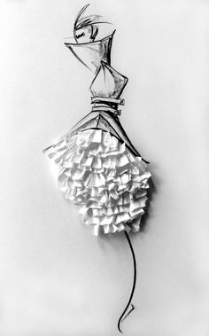 a drawing of a woman in a dress made out of pieces of paper