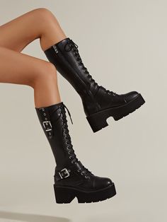 Buckle Decor Lace-up Front Platform Chunky Heeled Combat Boots #Buckle Decor Lace-up Front Platform Chunky Heeled Combat Boots #Combat Boots # Grunge Boots Outfit, Combat Boots With Heels, Tall Combat Boots, Combat Boot Outfits, Heeled Combat Boots, Grunge Boots, Platform Combat Boots, Punk Shoes, Dr Shoes