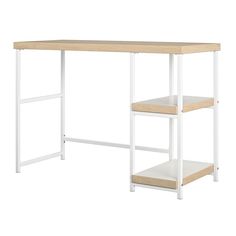 a white and wood desk with shelves on the bottom shelf, in front of a white background