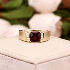 "Please confirm your US size when you make an order) Jewelry Details -Gold Type : Solid 10K Gold / Solid 14K Gold(Choose One in Material Option) Center Stone: NATURAL Garnet 8*8mm, Approximately 3.0ct Cut: Asscher Cut Side Stone: Moissanite, 0.10ctw Color: DF Clarity: VVS Cut: Round Cut / 3EX Band face width: Approximately 9mm Width of the bottom of the band: Approximately 3.5mm SKU: YR0575 ~*-*~Purchase Guarantee: - All our jewelry is handmade, and each process is refined. - 14 Day Refund Guara Red 14k Gold Signet Ring For Wedding, Rings For Men Gold, Men Gold Ring, Gold Garnet Ring, Jewelry Details, Mens Gold Rings, Black Quartz, Rings Engagement, Garnet Ring