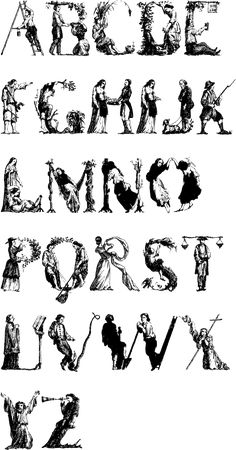 some type of black and white font with people in different poses on it's sides