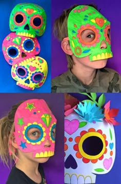 four different pictures of people with masks on their faces and one is wearing a skull mask