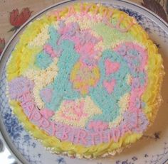 a decorated birthday cake sitting on top of a plate